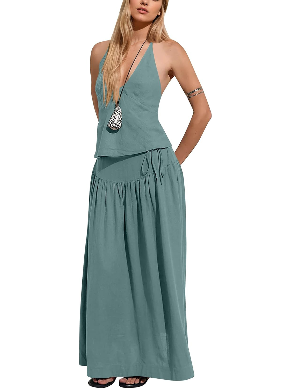 Women's Deep V‑Neck Halter Matching Skirt Set