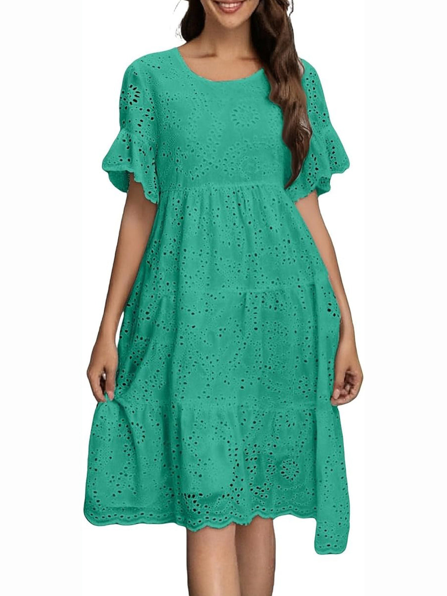 Eyelet Flutter Sleeve Tiered Midi Dress