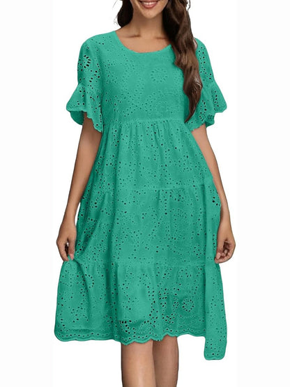 Eyelet Flutter Sleeve Tiered Midi Dress